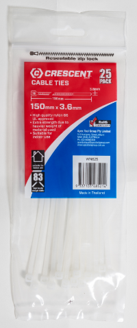 CABLE TIE 150 X 3.6MM - PKT OF 25 ( NATURAL) 