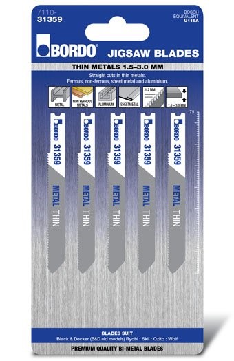 BORDO JIG SAW HSS T-SHANK THIN STRAIGHT CUT 75MM METAL 5PK 