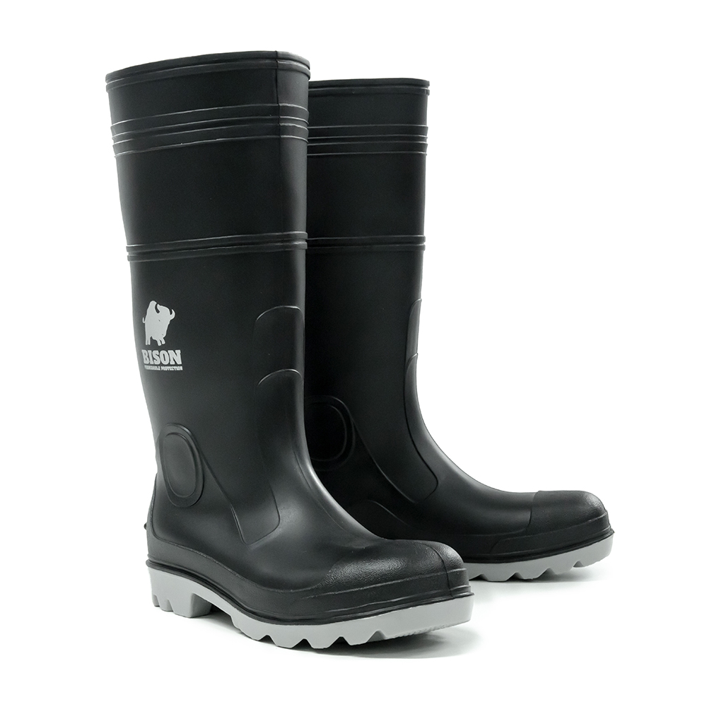 BISON GUMBOOT SAFETY INCA PVC BLACK GREY SIZE 4 
